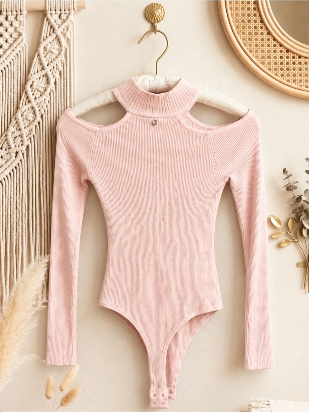 NWT Guess Pink Ribbed Cold-Shoulder Mock Neck Bodysuit